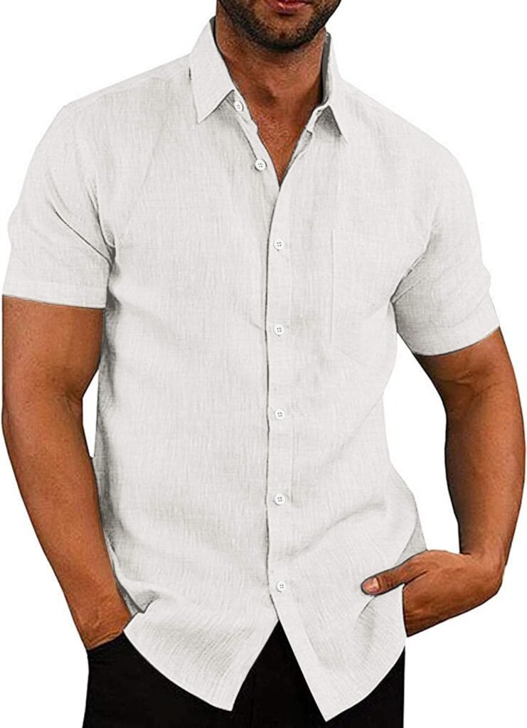 COOFANDY Mens Linen Shirts Casual Button Down Short Sleeve Summer Beach Shirt Hawaiian Vacation Shirts
