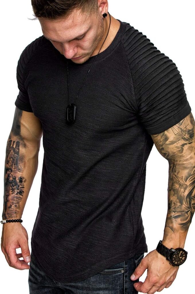 COOFANDY Mens Muscle T-Shirt Pleated Raglan Sleeve Bodybuilding Gym Tee Short Sleeve Fashion Workout Shirts Hipster Shirt