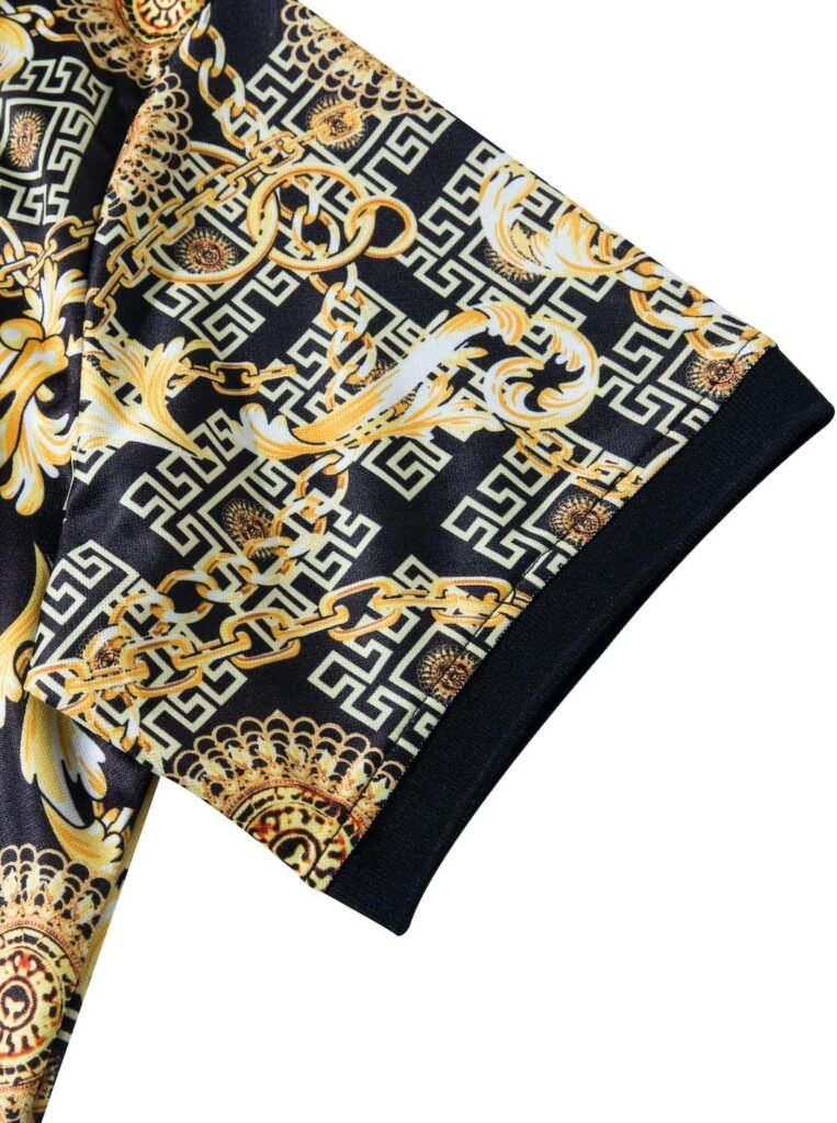fohemr Mens Luxury Polo Shirts Black Gold Short Sleeve Baroque Chain Print Casual Wicking Golf Flower T-Shirt