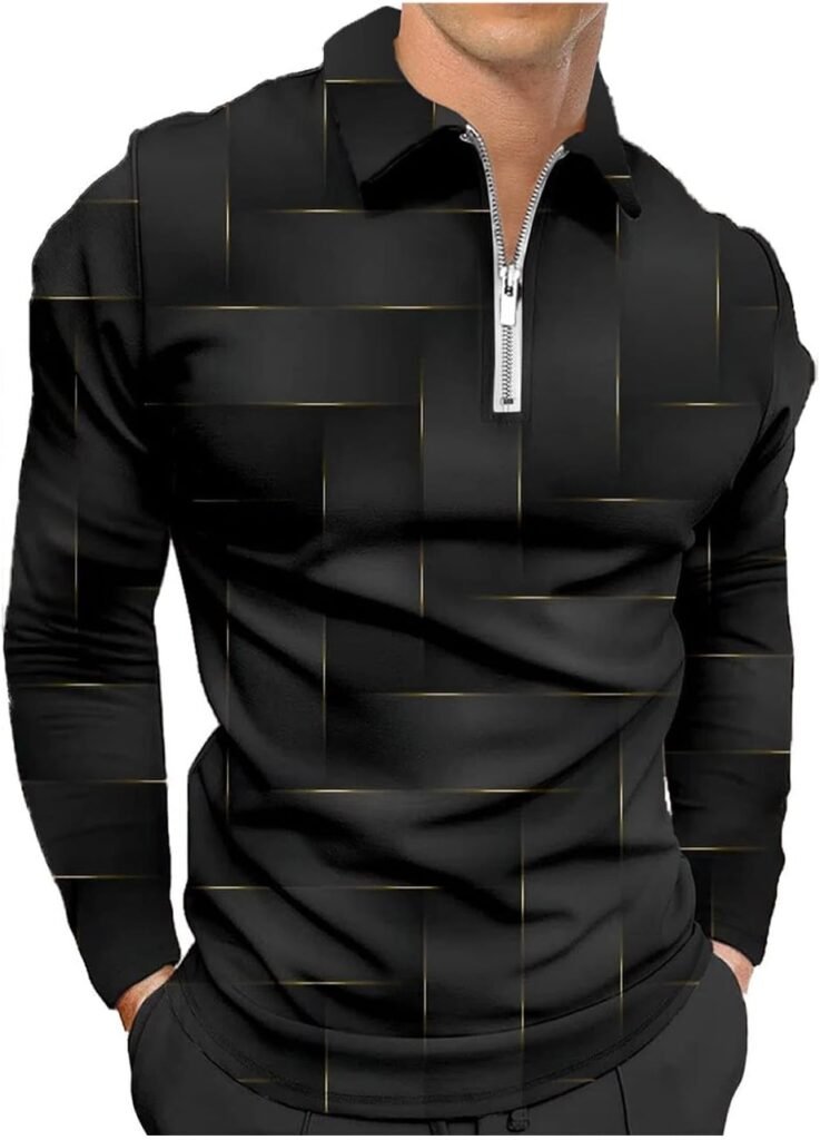 Hodaweisolp Mens Long Sleeve Polo Shirts Casual Zipper Printed Athletic Golf Tennis T-Shirt Tops