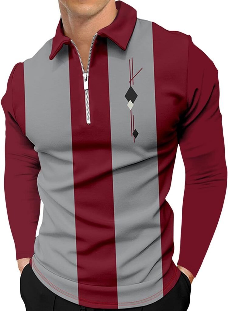 Hodaweisolp Mens Long Sleeve Polo Shirts Casual Zipper Printed Athletic Golf Tennis T-Shirt Tops