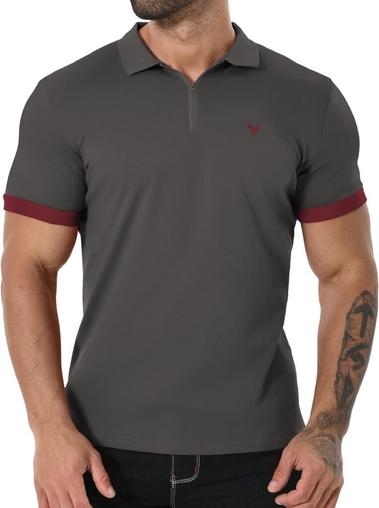 KUYIGO Mens Short Sleeve Polo Shirts Quarter-Zip Casual Slim Fit Spring Golf Muscle T-Shirt Tops