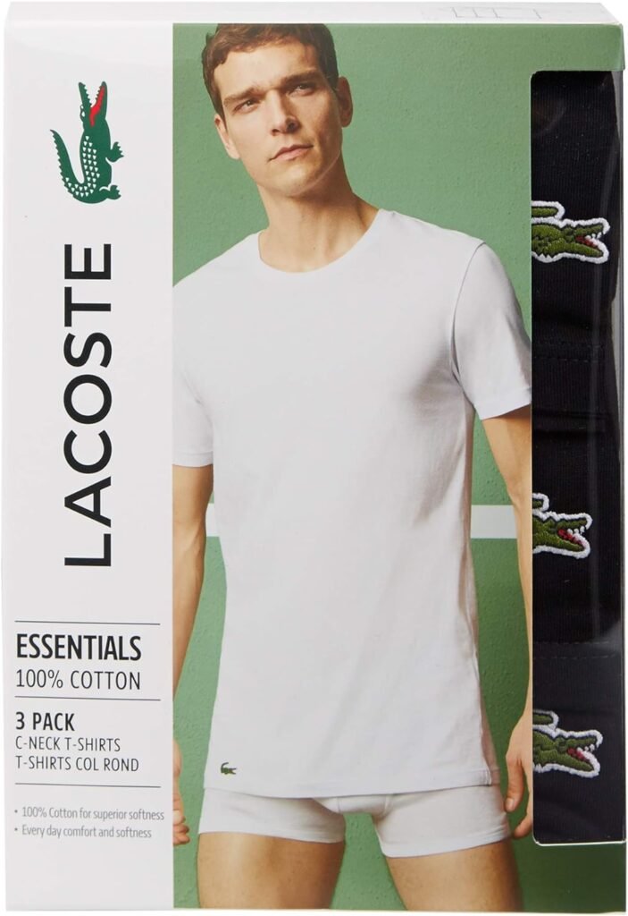 Lacoste Mens Essentials 3 Pack 100% Cotton Slim Fit Crewneck T-Shirts