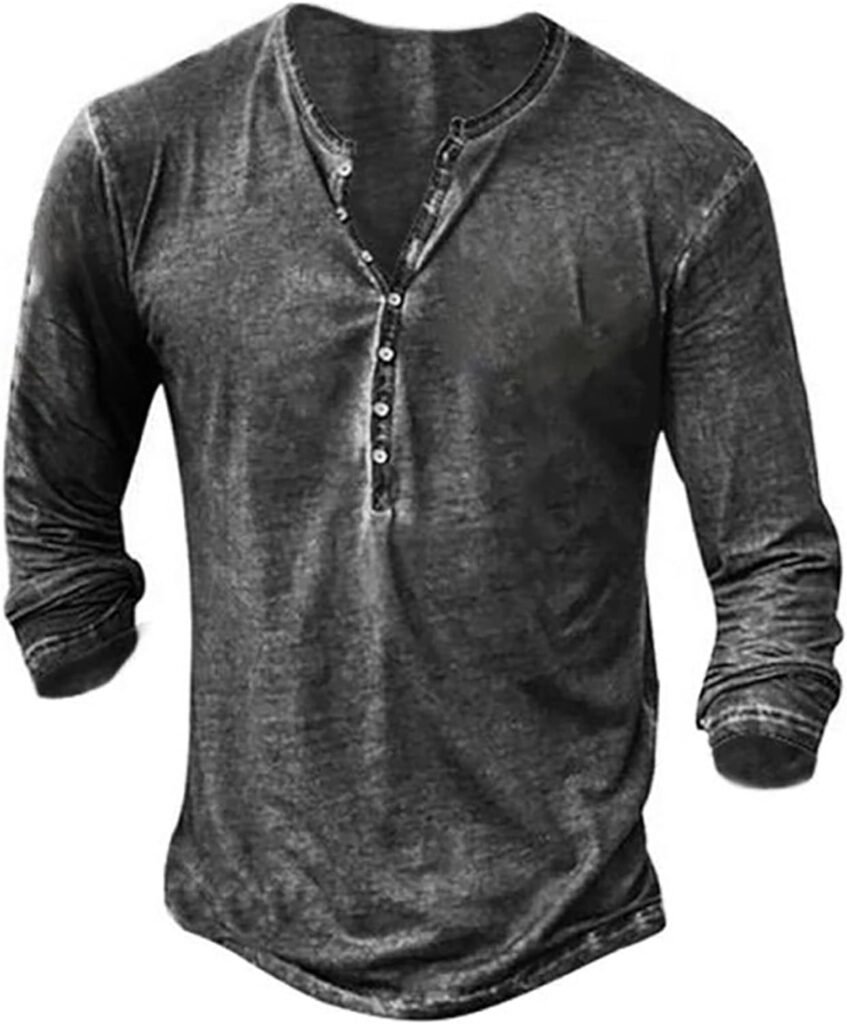 Mens Distressed Henley Shirts Retro Long Sleeve Tee Shirts Casual Button Down Washed T-Shirts for Men
