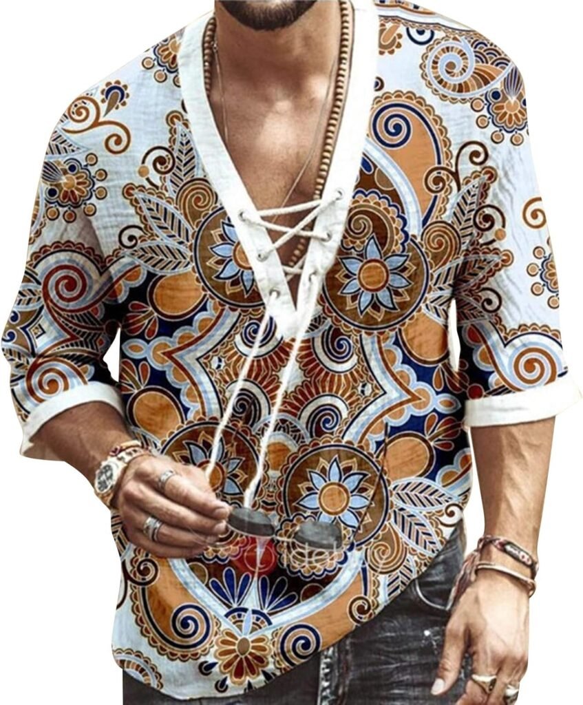 Mens Fashion Shirt Short Sleeve Beach V-Neck Drawstring Printing Yoga African Summer Top