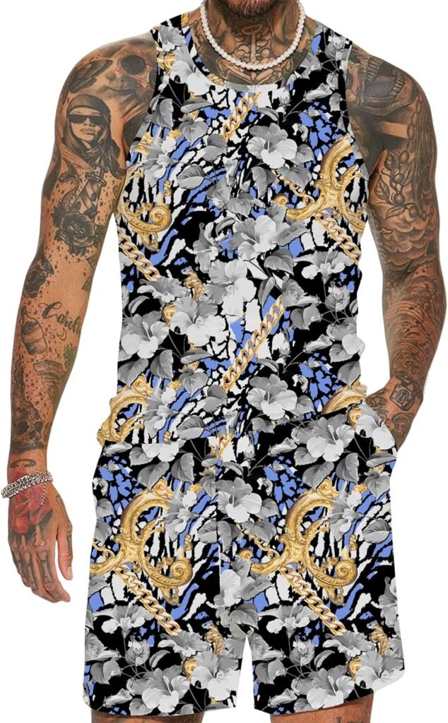 Mens Floral Tank Top Set Sleeveless Tees Outfit Luxury Print Casual Sport T-Shirts Tracksuit Hawaii Beach Vacation