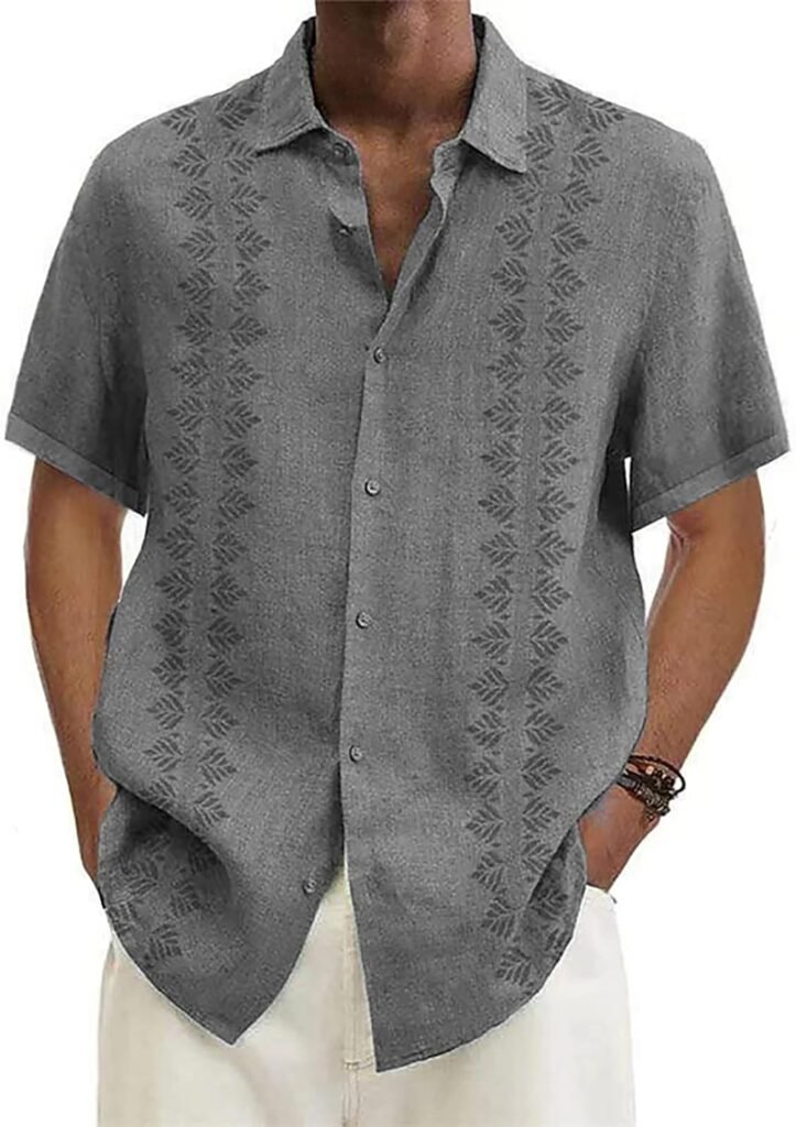 Mens Shirts Spring Summer Casual Cotton Linen Solid Color Short Sleeve Shirts Loose Button Down Short Shirt, M-4XL