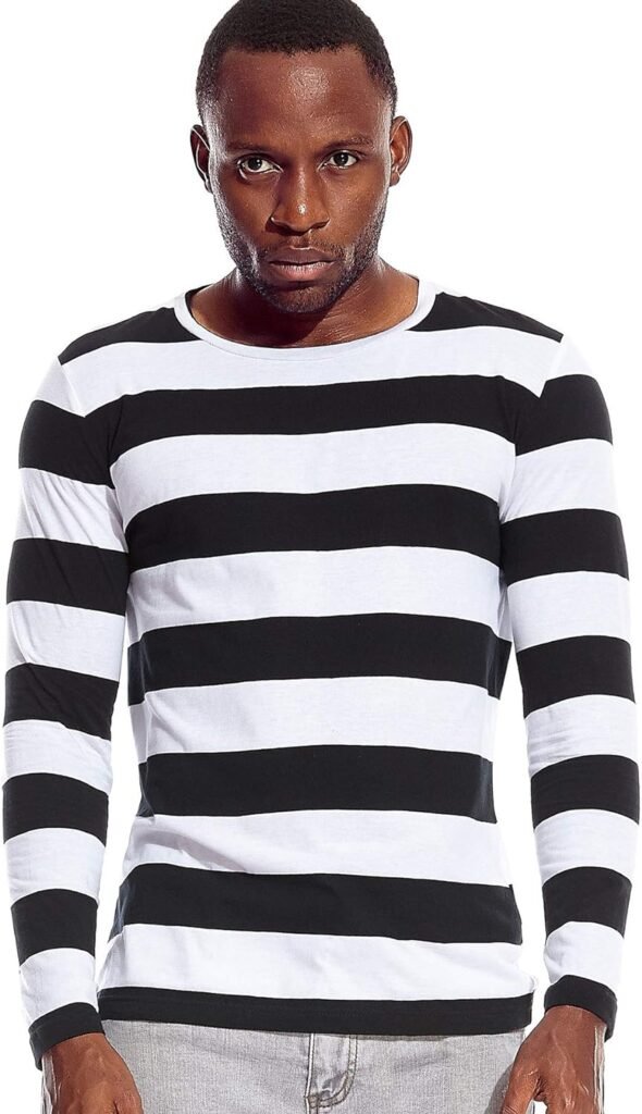 Mens Striped Shirt Wide Stripes Long Sleeve Crew Neck Tees Tops Casual