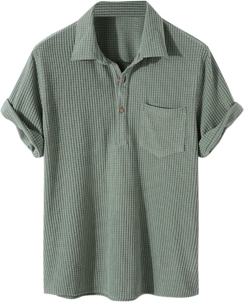 Realdo Mens Waffle Knit Short Sleeve Polo Shirts Summer Casual Button Down Beach Hawaiian Tops Classic Poplin Shirts