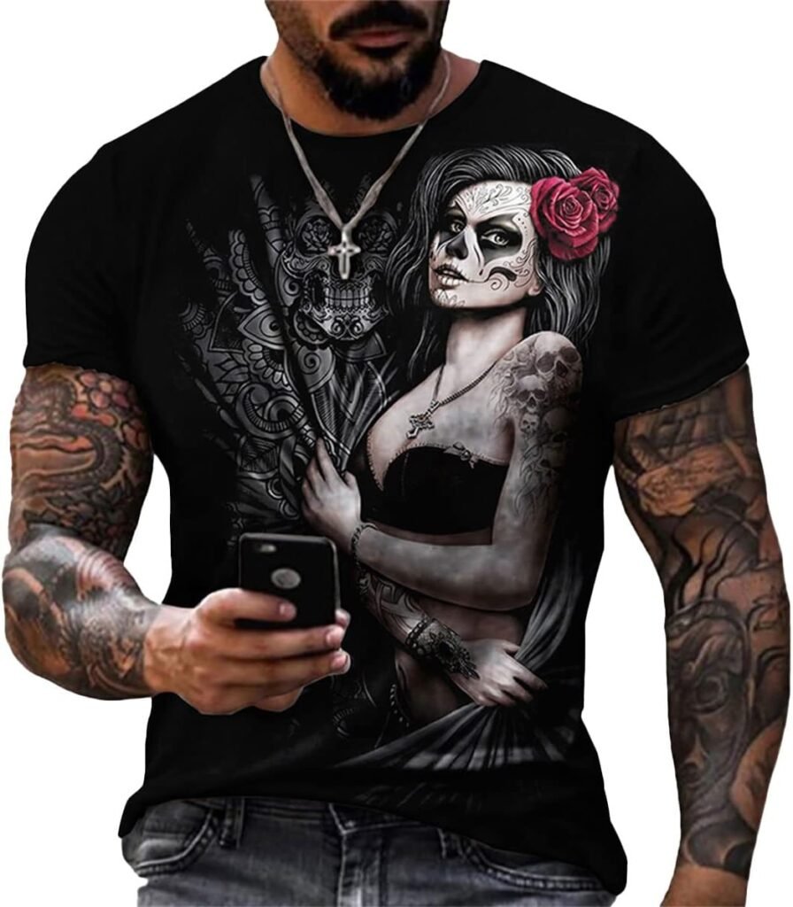 Taamlou Mens Street Skull Muscle Short Sleeve Print Personality Fashion Fashion T-Shirt